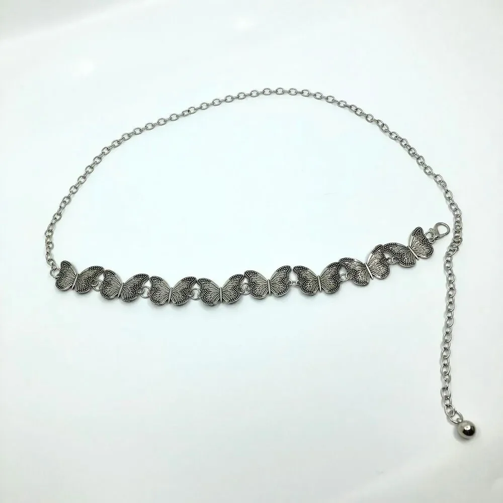 Vintage Y2K Silver Butterfly Chain Belt, Fits 12–36 Inches, X7GA1225